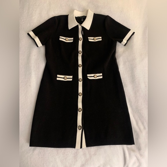 White House Black Market Mod Sweater Dress Black and White Mini Dress M 60s - Picture 10 of 15